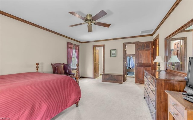 136 Crescent Dr, Franklin, VA 23851 - bedroom with light carpet, crown molding, baseboards, and a ceiling fan