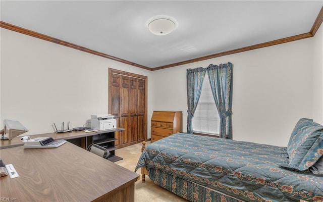 136 Crescent Dr, Franklin, VA 23851 - bedroom with light carpet, ornamental molding, and an office area
