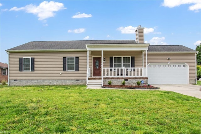 ranch-style home featuring crawl space, a porch, an attached garage, concrete driveway, and a front lawn
