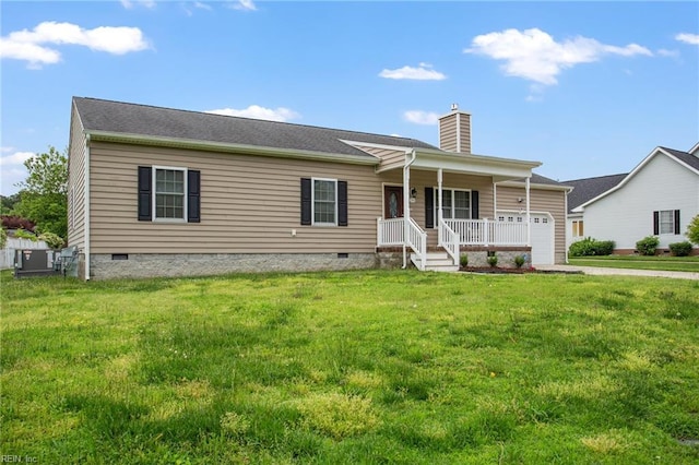 single story home with crawl space, a chimney, a front lawn, and covered porch