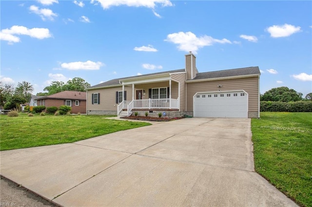 ranch-style house featuring covered porch, a garage, driveway, and a front lawn