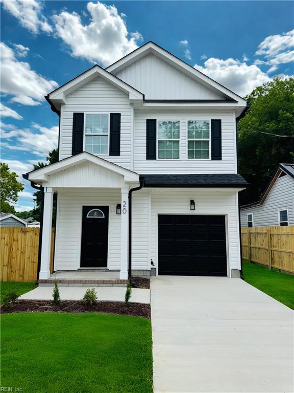 20 Kimberly Ave, Hampton, VA 23663 - view of front facade with a porch, an attached garage, and concrete driveway