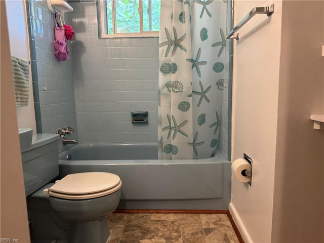 3541 Bow St, Virginia Beach, VA 23464 - bathroom featuring shower / bathtub combination with curtain, toilet, baseboards, and stone finish floors