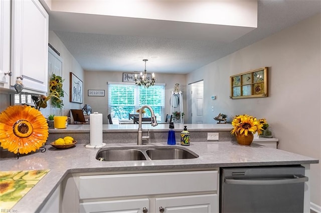455 Fairway Lookout, Williamsburg, VA 23188 - kitchen featuring dishwasher, a sink, white cabinets, a chandelier, and a textured ceiling