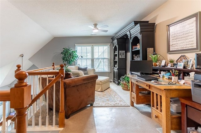 455 Fairway Lookout, Williamsburg, VA 23188 - carpeted office featuring ceiling fan, lofted ceiling, and a textured ceiling