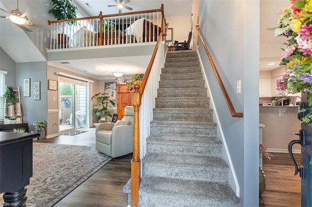 455 Fairway Lookout, Williamsburg, VA 23188 - stairway featuring ceiling fan, wood finished floors, a high ceiling, and baseboards