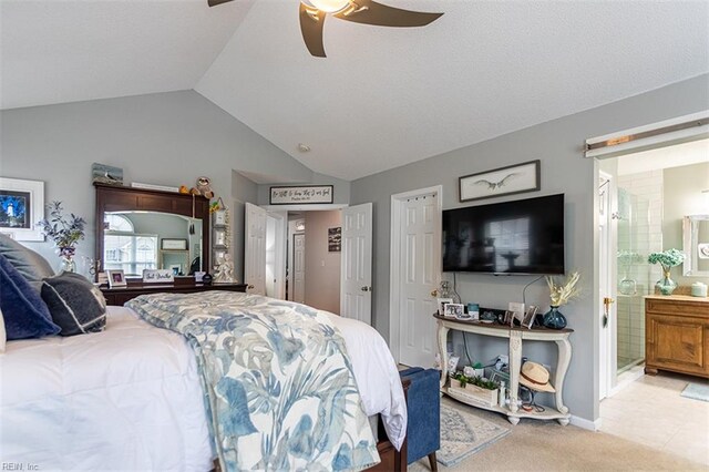 455 Fairway Lookout, Williamsburg, VA 23188 - bedroom featuring vaulted ceiling, light colored carpet, connected bathroom, and ceiling fan