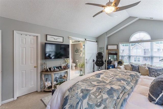 455 Fairway Lookout, Williamsburg, VA 23188 - bedroom with a barn door, carpet flooring, lofted ceiling, a textured ceiling, and ensuite bath