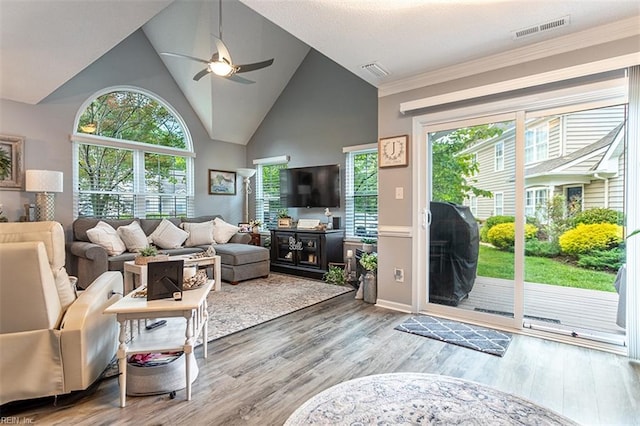 455 Fairway Lookout, Williamsburg, VA 23188 - living room featuring healthy amount of natural light, ceiling fan, wood finished floors, and lofted ceiling