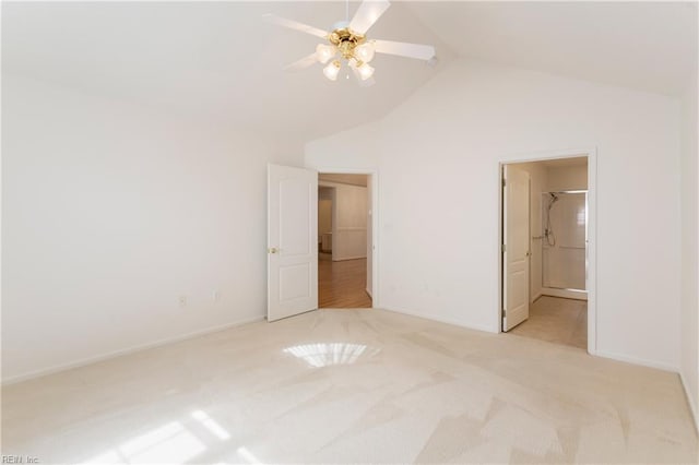 200 Tabb Smith Trl, Yorktown, VA 23693 - unfurnished bedroom with light carpet, baseboards, high vaulted ceiling, ceiling fan, and connected bathroom