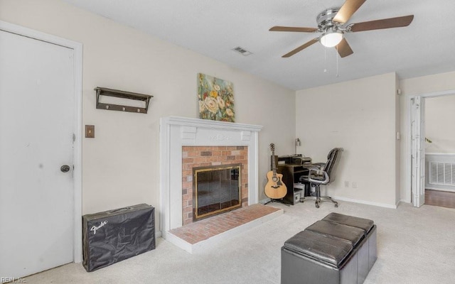 5009 Meadow Pines Pl, Virginia Beach, VA 23464 - living room with ceiling fan, a fireplace, carpet floors, and a desk