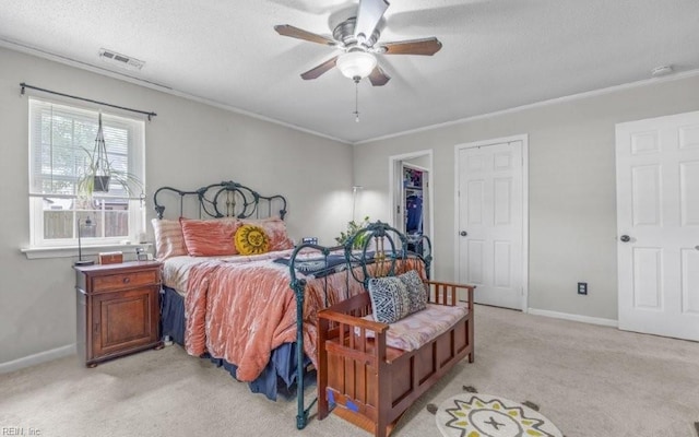 5009 Meadow Pines Pl, Virginia Beach, VA 23464 - bedroom with light colored carpet, ornamental molding, baseboards, a ceiling fan, and a textured ceiling
