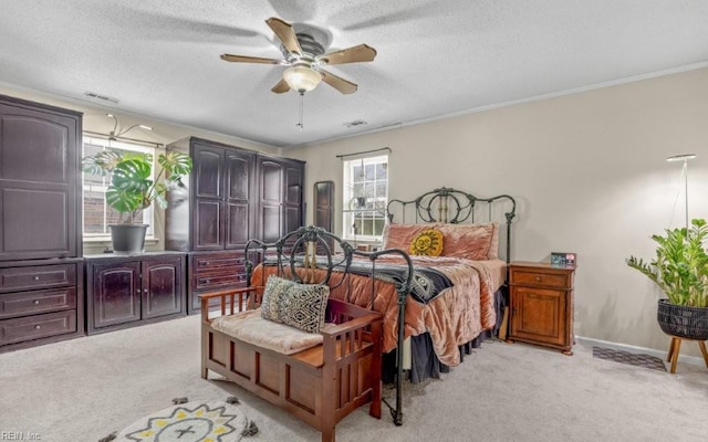 5009 Meadow Pines Pl, Virginia Beach, VA 23464 - bedroom with light colored carpet, crown molding, a textured ceiling, baseboards, and a ceiling fan