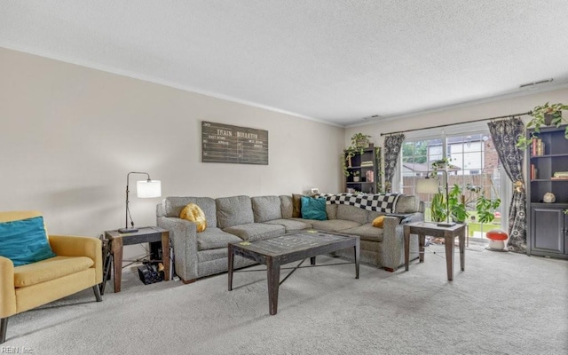 5009 Meadow Pines Pl, Virginia Beach, VA 23464 - living room featuring carpet floors, crown molding, and a textured ceiling