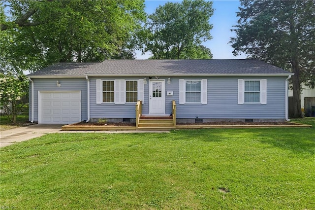 155 Colony Rd, Newport News, VA 23602 - ranch-style home with crawl space, a garage, driveway, a front yard, and roof with shingles