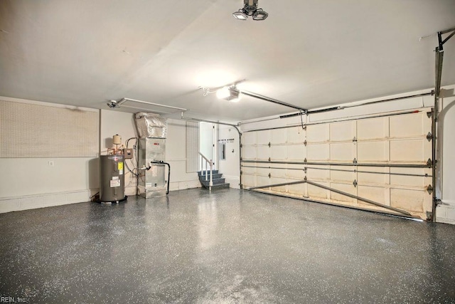 38 Yeardleys Grant, Williamsburg, VA 23185 - garage featuring electric water heater, a garage door opener, heating unit, and baseboards