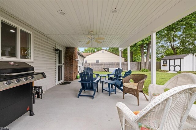 1117 Confederate Cres, Virginia Beach, VA 23453 - view of patio / terrace with a grill, a storage unit, an outbuilding, and ceiling fan