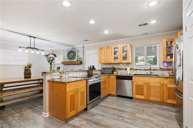 1117 Confederate Cres, Virginia Beach, VA 23453 - kitchen featuring appliances with stainless steel finishes, a sink, a peninsula, crown molding, and stone countertops
