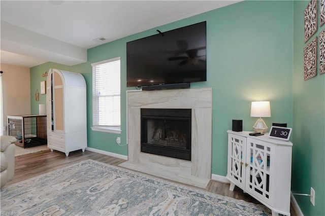823 Jessie Cir, Newport News, VA 23608 - living area with wood finished floors, a premium fireplace, baseboards, and a ceiling fan