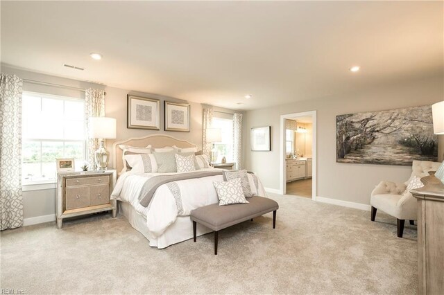 1115 Egret Ln, Suffolk, VA 23434 - bedroom with carpet floors, baseboards, multiple windows, ensuite bath, and recessed lighting