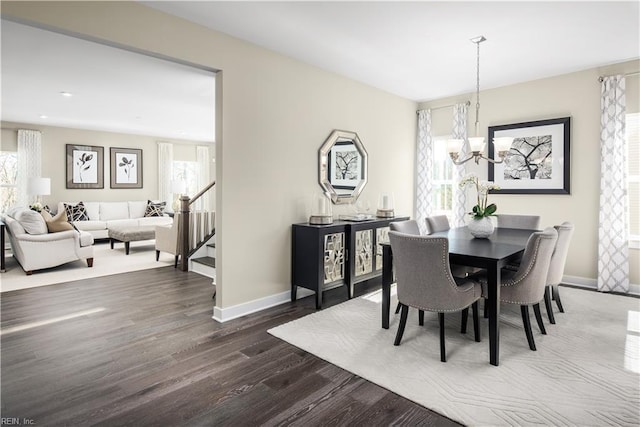 1115 Egret Ln, Suffolk, VA 23434 - dining space with a chandelier, baseboards, dark wood-style flooring, plenty of natural light, and recessed lighting