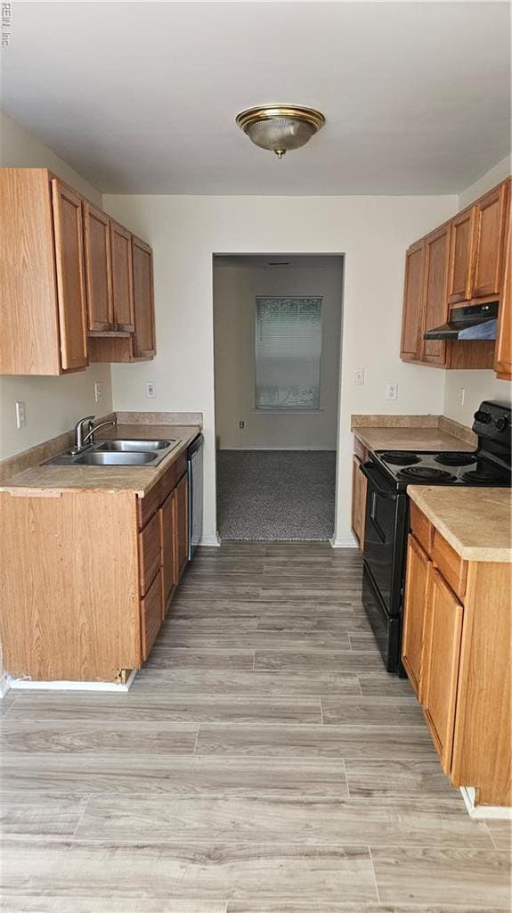 3513 Radford Cir, Chesapeake, VA 23321 - kitchen with black range with electric cooktop, under cabinet range hood, a sink, dishwasher, and light countertops