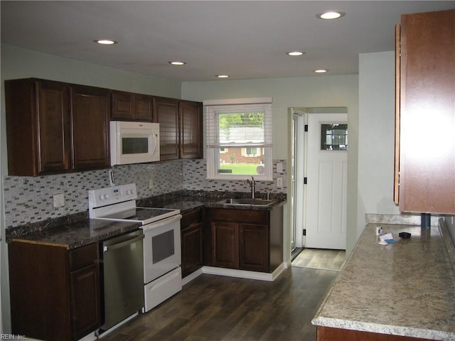 3213 Northgate Dr, Virginia Beach, VA 23452 - kitchen featuring white appliances, a sink, decorative backsplash, dark wood finished floors, and dark brown cabinets