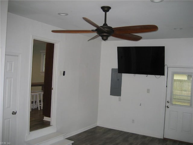 3213 Northgate Dr, Virginia Beach, VA 23452 - spare room featuring electric panel, ceiling fan, dark wood-type flooring, baseboards, and recessed lighting