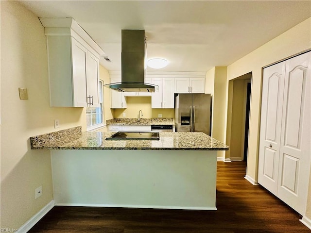3228 Scarborough Way, Virginia Beach, VA 23453 - kitchen featuring stainless steel fridge, island exhaust hood, a peninsula, light stone countertops, and white cabinetry