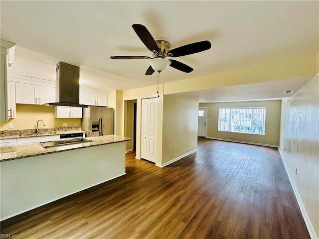 3228 Scarborough Way, Virginia Beach, VA 23453 - kitchen featuring stainless steel fridge with ice dispenser, island exhaust hood, stovetop, white cabinets, and light stone counters