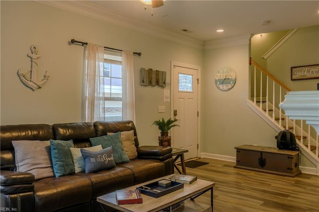 3216 Pretty Lake Ave Unit B, Norfolk, VA 23518 - living area featuring stairway, wood finished floors, crown molding, baseboards, and recessed lighting