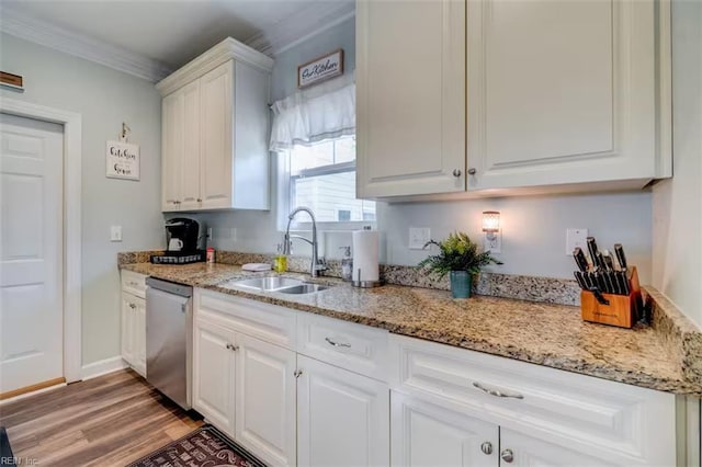 3216 Pretty Lake Ave Unit B, Norfolk, VA 23518 - kitchen featuring a sink, dishwasher, light wood-type flooring, white cabinetry, and ornamental molding