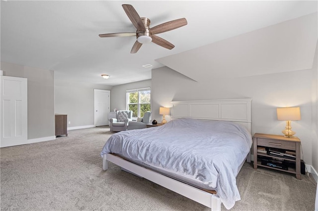 bedroom with carpet floors, baseboards, and ceiling fan