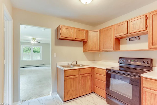 kitchen featuring black range with electric stovetop, a sink, light marble finish flooring, and light brown cabinets