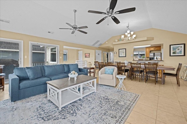 609 S Atlantic Ave, Virginia Beach, VA 23451 - living room featuring lofted ceiling, a ceiling fan, light tile patterned flooring, and a chandelier