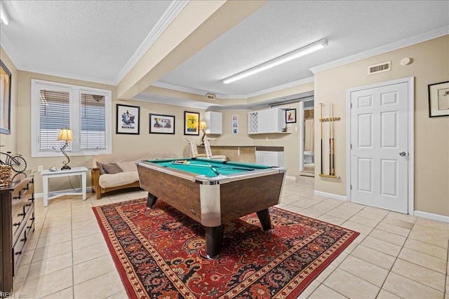609 S Atlantic Ave, Virginia Beach, VA 23451 - playroom with a textured ceiling, light tile patterned floors, crown molding, pool table, and baseboards