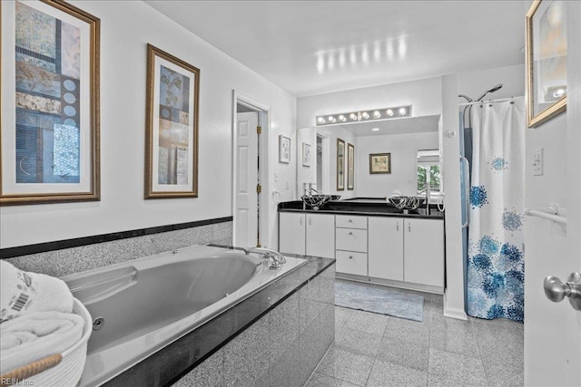 609 S Atlantic Ave, Virginia Beach, VA 23451 - bathroom with a bath, granite floors, vanity, and a shower with shower curtain