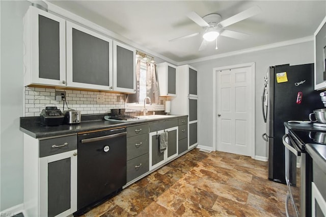 1237 Peachtree Dr, Suffolk, VA 23434 - kitchen with black dishwasher, electric stove, stone finish floors, decorative backsplash, and a ceiling fan