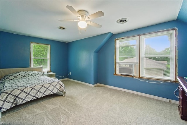 1237 Peachtree Dr, Suffolk, VA 23434 - carpeted bedroom featuring baseboards, ceiling fan, lofted ceiling, and cooling unit