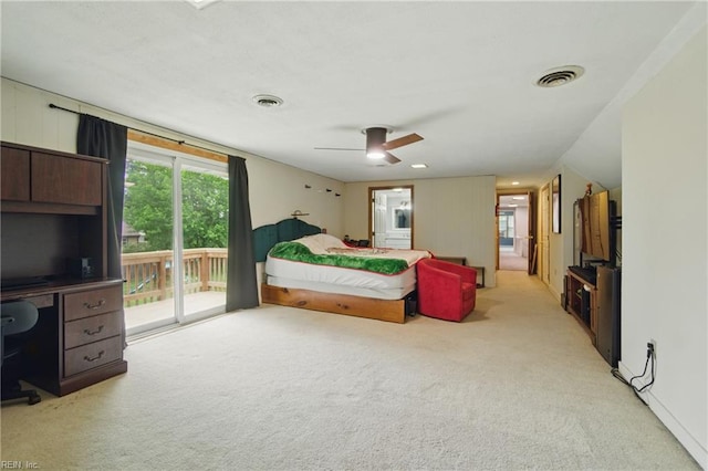 1237 Peachtree Dr, Suffolk, VA 23434 - bedroom with light colored carpet, access to exterior, an office area, ensuite bathroom, and a ceiling fan