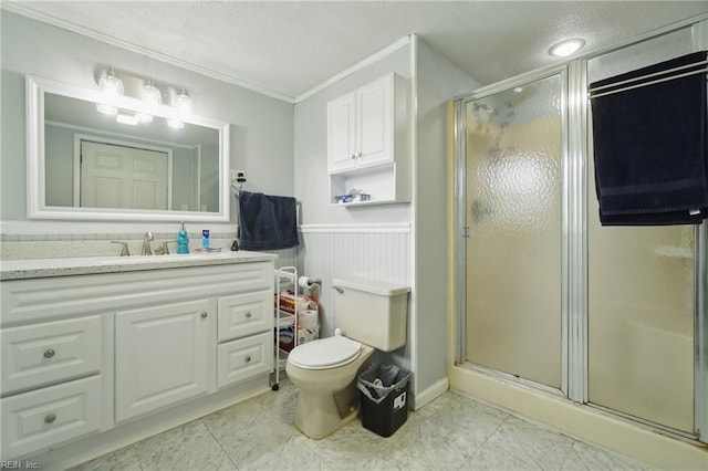 1237 Peachtree Dr, Suffolk, VA 23434 - full bathroom with a textured ceiling, toilet, a stall shower, crown molding, and vanity