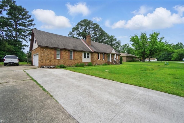 1237 Peachtree Dr, Suffolk, VA 23434 - single story home with brick siding, a front lawn, concrete driveway, a chimney, and an attached garage