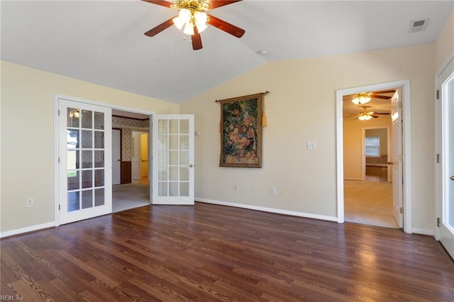12 Critzos Ct, Hampton, VA 23669 - unfurnished room featuring french doors, ceiling fan, lofted ceiling, wood finished floors, and baseboards