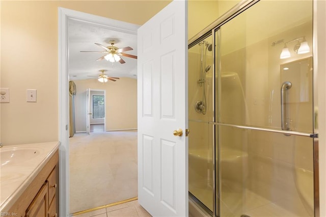 12 Critzos Ct, Hampton, VA 23669 - bathroom featuring a ceiling fan, a stall shower, vanity, and lofted ceiling