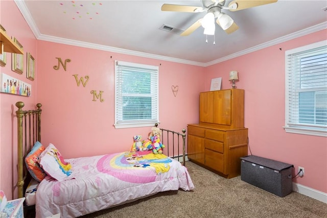 bedroom featuring carpet, crown molding, a ceiling fan, and baseboards