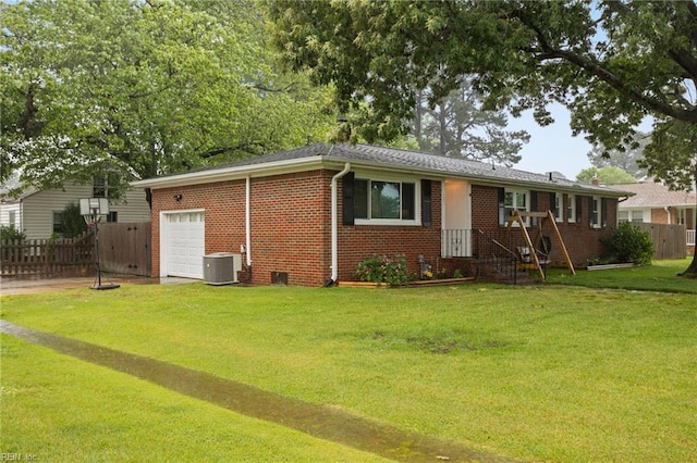 ranch-style home featuring an attached garage, brick siding, central air condition unit, and driveway