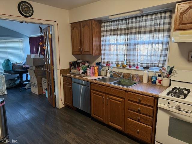 609 Aragona Blvd, Virginia Beach, VA 23462 - kitchen featuring stainless steel dishwasher, a sink, white gas range oven, under cabinet range hood, and dark wood-type flooring