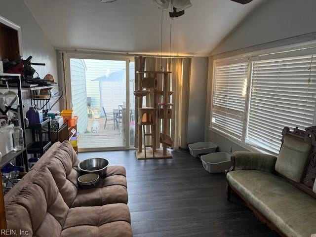 609 Aragona Blvd, Virginia Beach, VA 23462 - living room featuring vaulted ceiling, ceiling fan, wood finished floors, and healthy amount of natural light