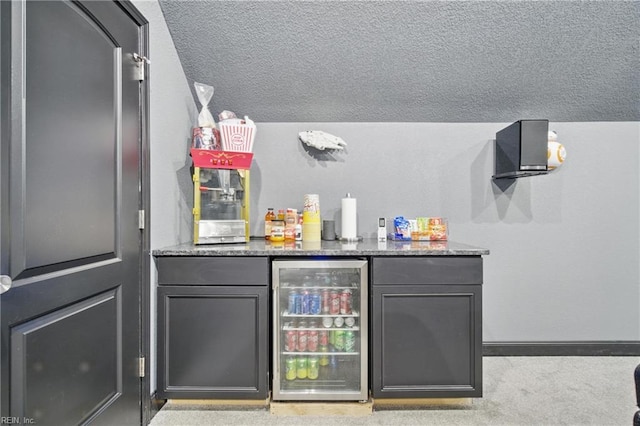 4030 Evan Cir, Suffolk, VA 23435 - indoor dry bar with wine cooler, vaulted ceiling, and a textured ceiling