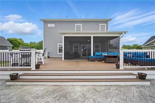 4030 Evan Cir, Suffolk, VA 23435 - rear view of house with outdoor lounge area, a sunroom, a wooden deck, and outdoor dining area